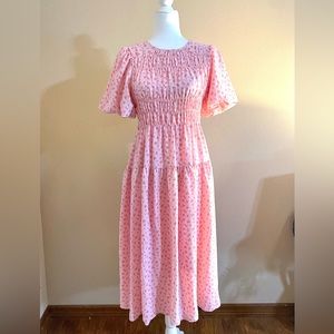 Pink Floral Midi dress w/ Puff Sleeve